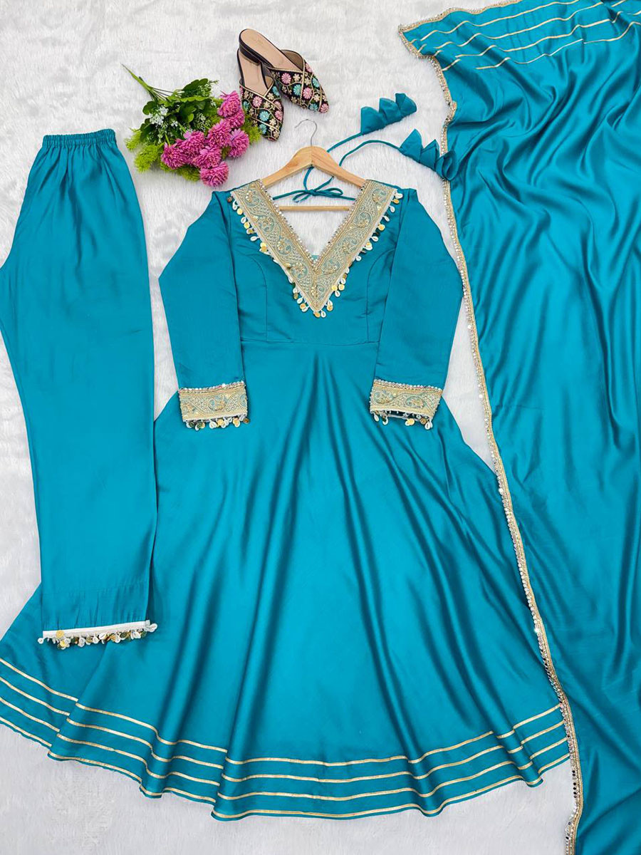 Sky Blue Roman Silk Embroidery Sequins Wedding Party Festival Casual Ready Anarkali Pant Salwar Kameez