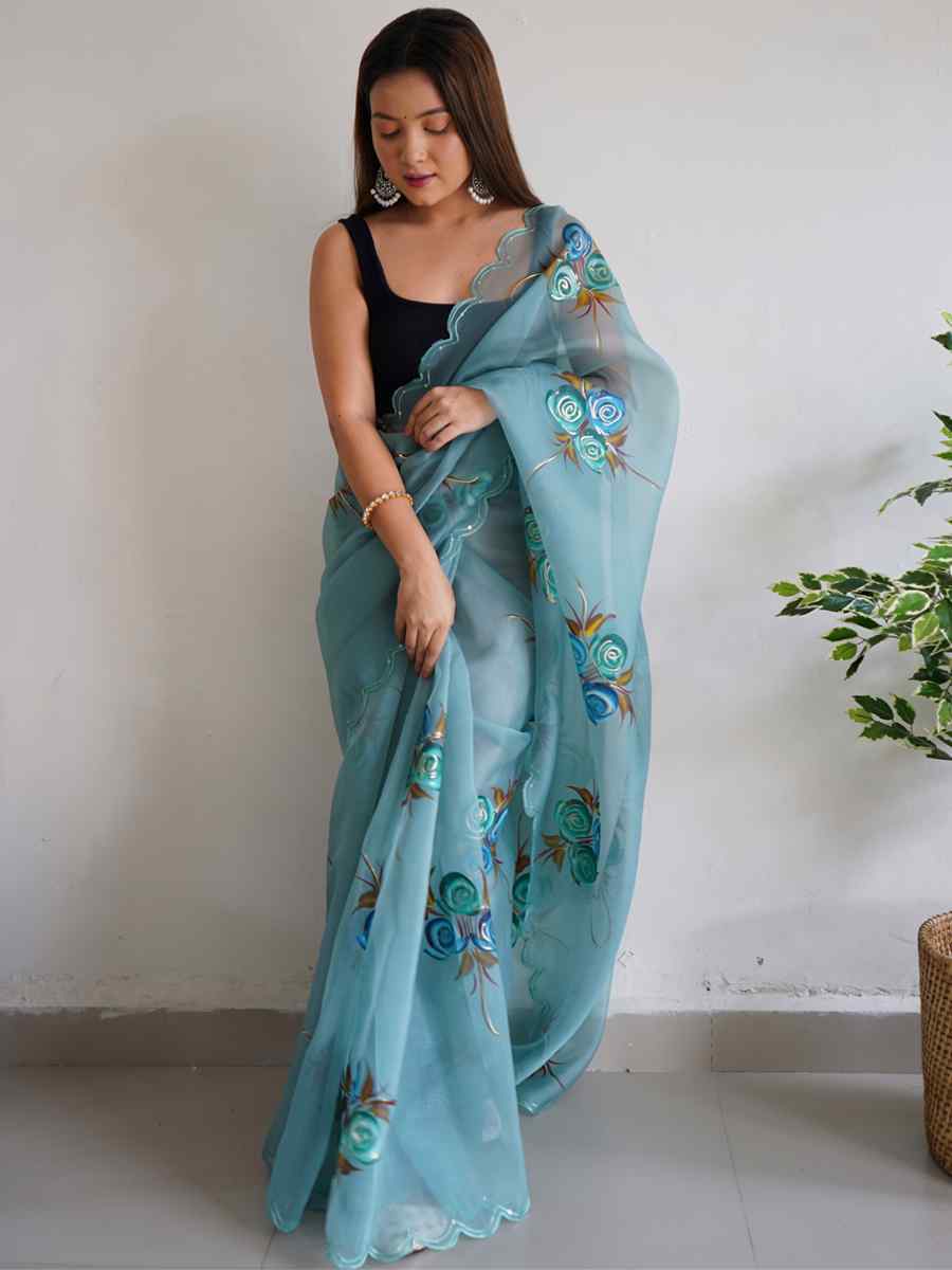 Sky Blue Satin Banglori Handwoven Party Festival Classic Style Saree