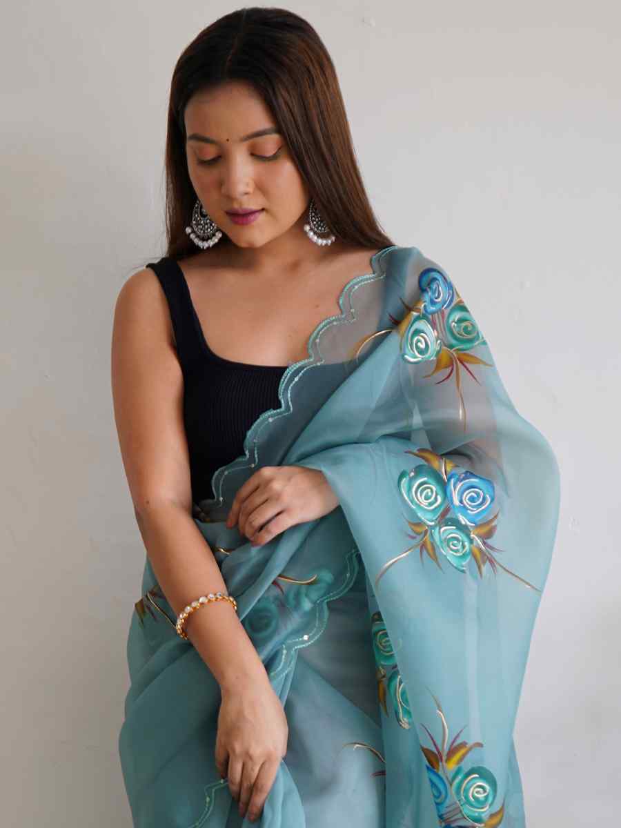 Sky Blue Satin Banglori Handwoven Party Festival Classic Style Saree