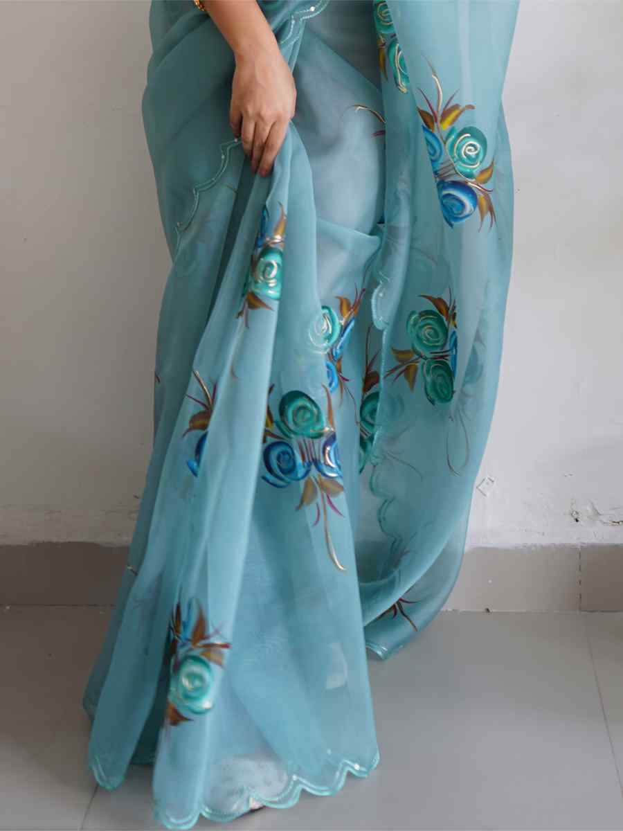 Sky Blue Satin Banglori Handwoven Party Festival Classic Style Saree