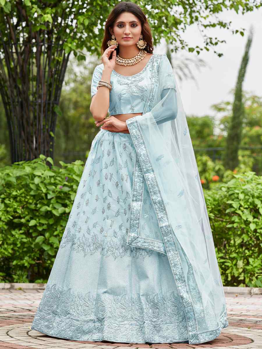 Sky Blue Satin Silk Embroidered Festival Wedding Circular Lehenga Choli