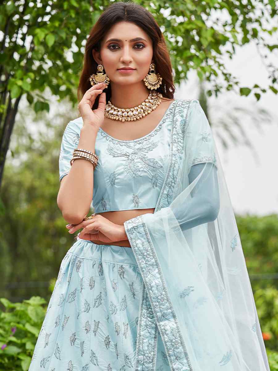 Sky Blue Satin Silk Embroidered Festival Wedding Circular Lehenga Choli