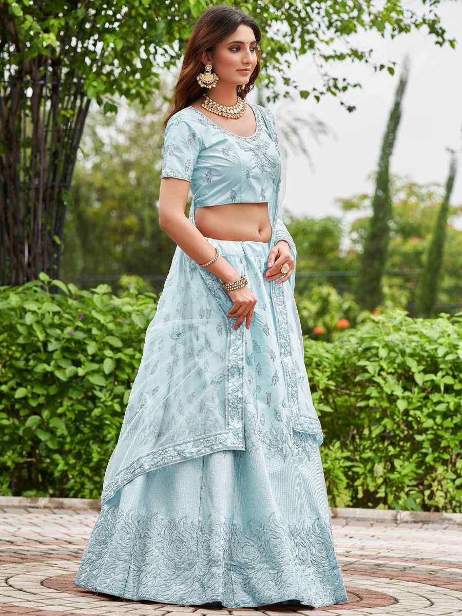 Sky Blue Satin Silk Embroidered Festival Wedding Circular Lehenga Choli