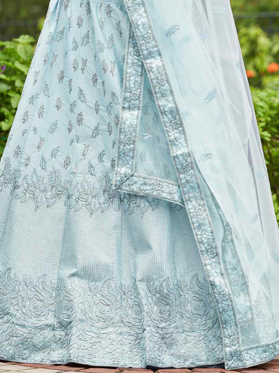 Sky Blue Satin Silk Embroidered Festival Wedding Circular Lehenga Choli