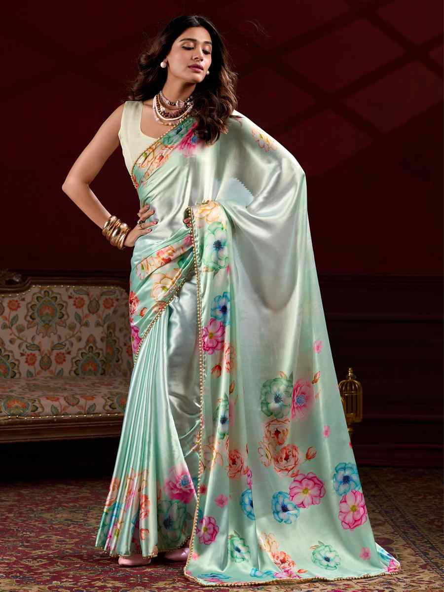 Sky Blue Satin Silk Printed Festival Wedding Fancy Heavy Border Saree