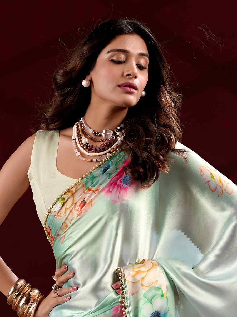 Sky Blue Satin Silk Printed Festival Wedding Fancy Heavy Border Saree