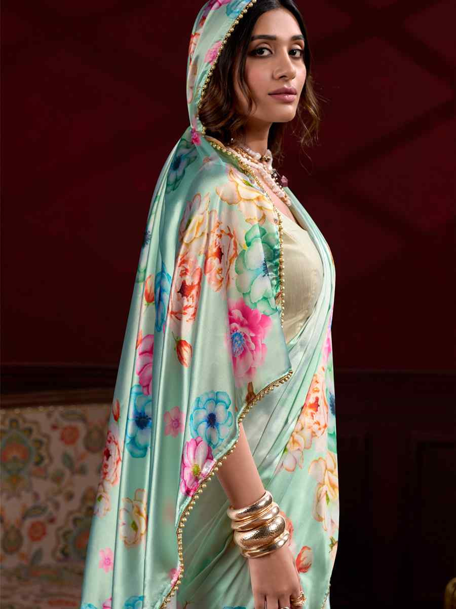Sky Blue Satin Silk Printed Festival Wedding Fancy Heavy Border Saree