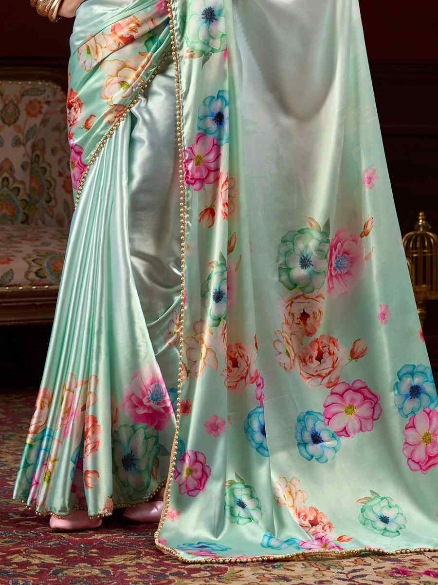 Sky Blue Satin Silk Printed Festival Wedding Fancy Heavy Border Saree