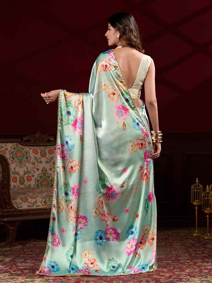 Sky Blue Satin Silk Printed Festival Wedding Fancy Heavy Border Saree