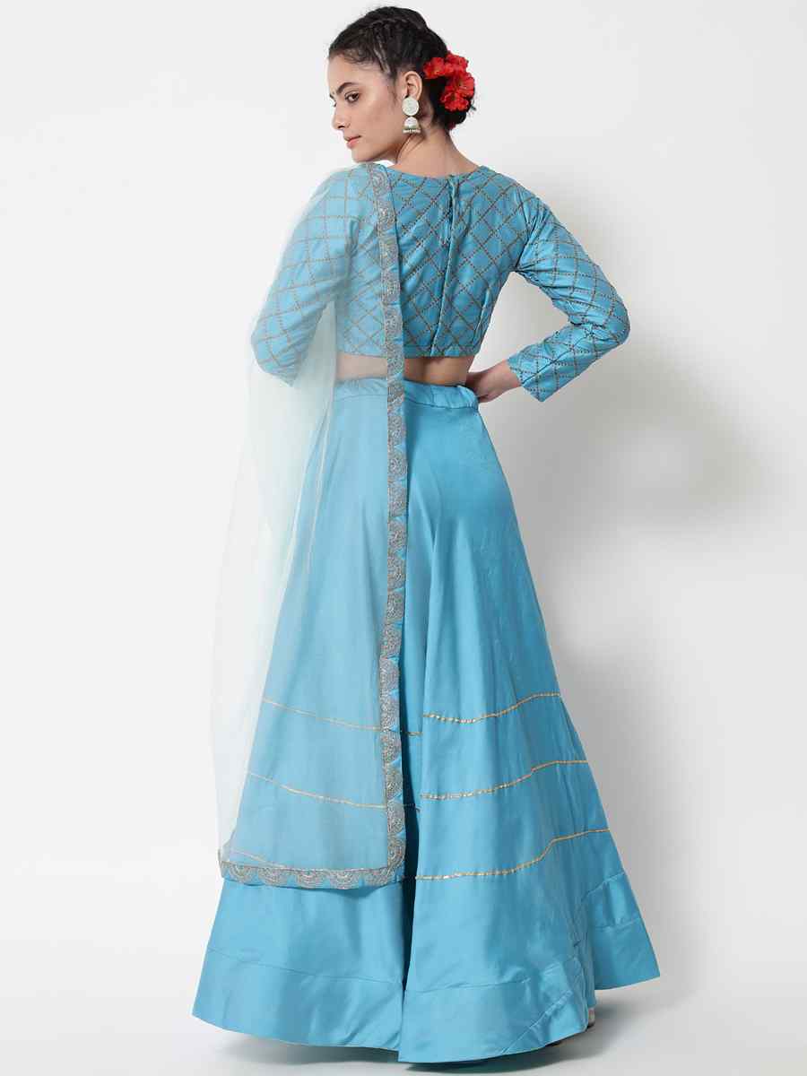 Sky Blue Satin Zari Mehendi Festival Circular Lehenga Choli