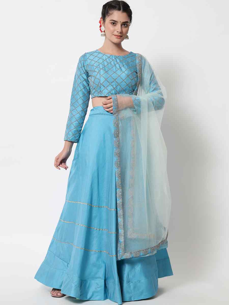 Sky Blue Satin Zari Mehendi Festival Circular Lehenga Choli