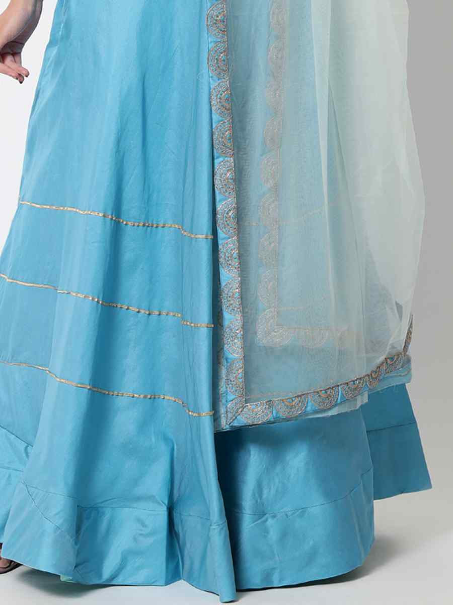 Sky Blue Satin Zari Mehendi Festival Circular Lehenga Choli