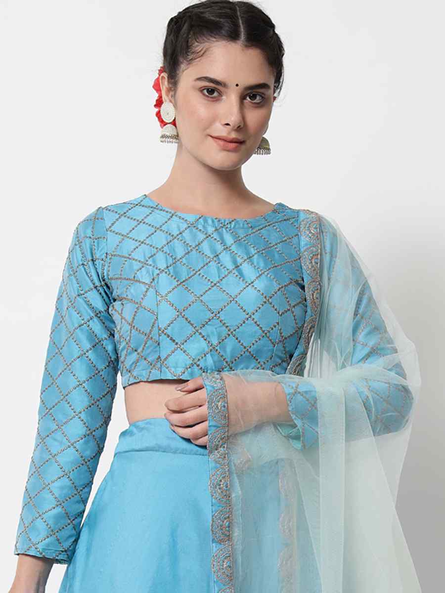 Sky Blue Satin Zari Mehendi Festival Circular Lehenga Choli