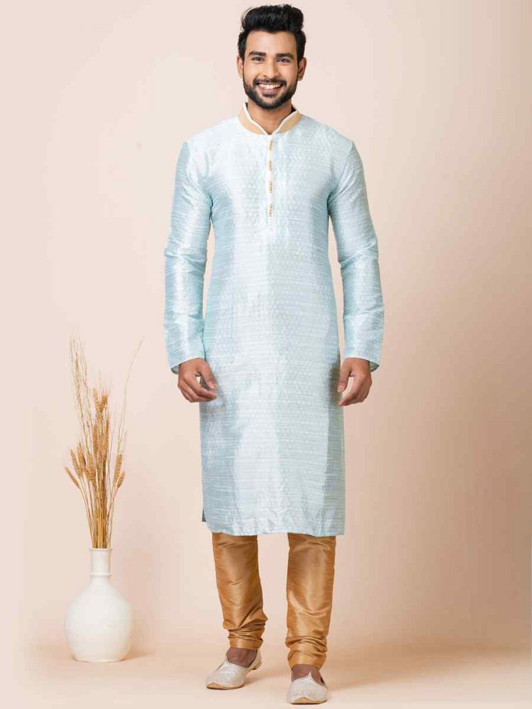 Sky Blue Self Jacquard Woven Festival Mehendi Kurta