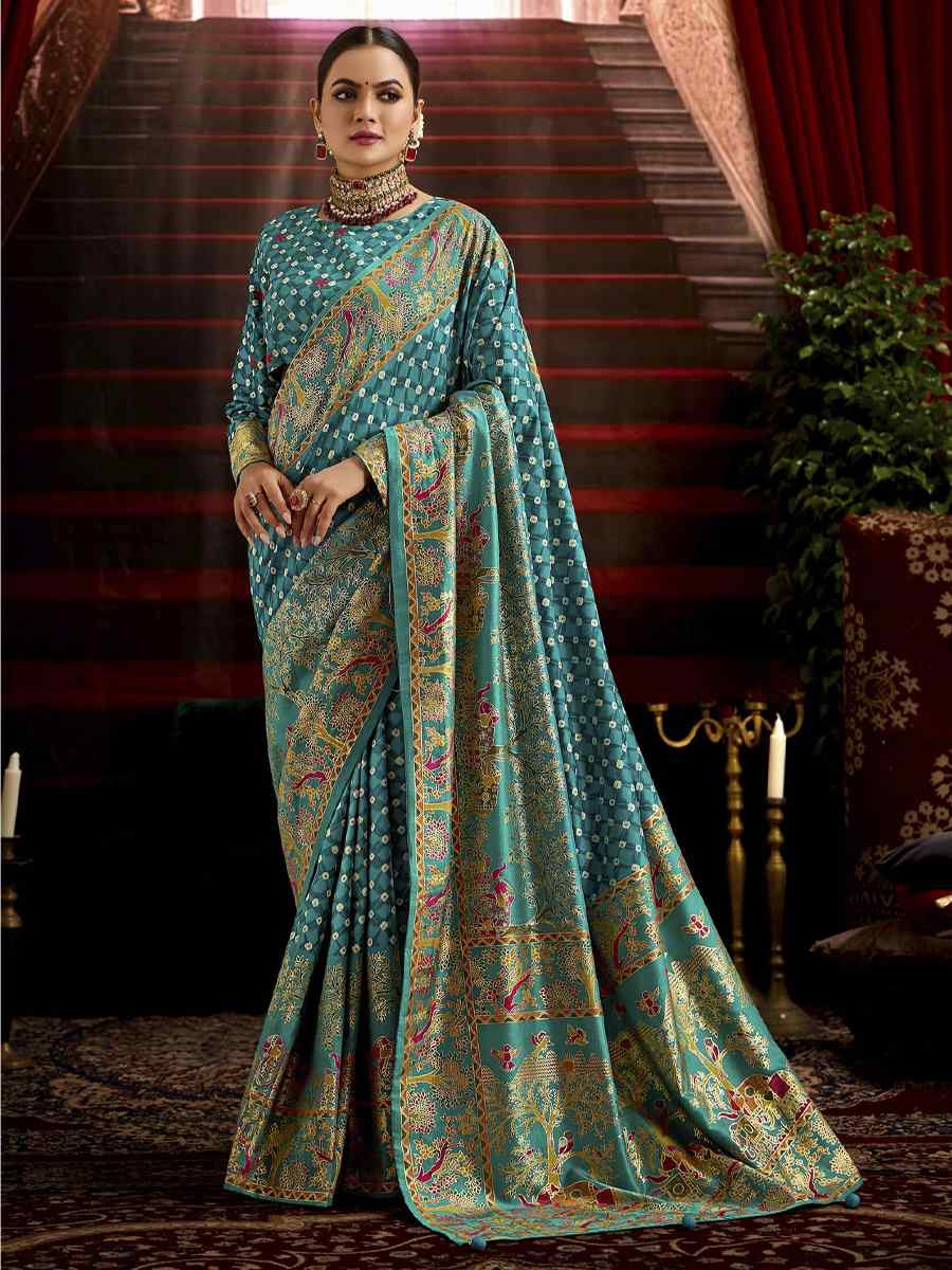 Sky Blue Silk Bhandej Prined Traditional Bridal Reception Festival Wedding Fancy Heavy Border Saree