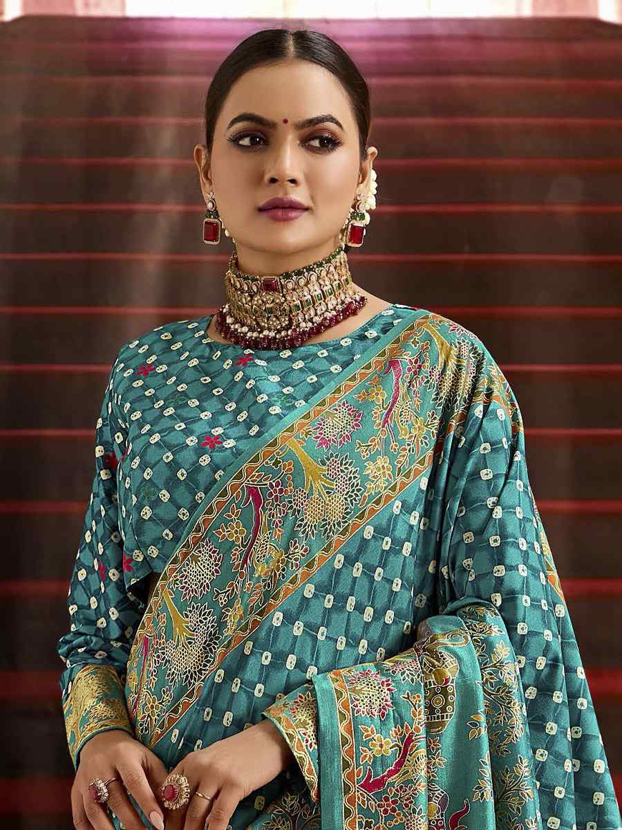 Sky Blue Silk Bhandej Prined Traditional Bridal Reception Festival Wedding Fancy Heavy Border Saree