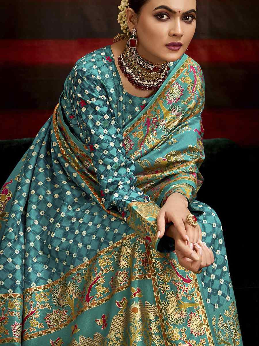 Sky Blue Silk Bhandej Prined Traditional Bridal Reception Festival Wedding Fancy Heavy Border Saree