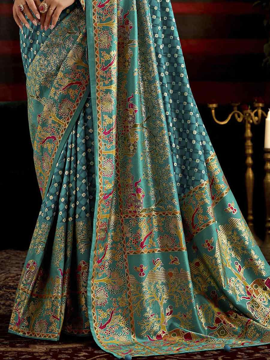Sky Blue Silk Bhandej Prined Traditional Bridal Reception Festival Wedding Fancy Heavy Border Saree