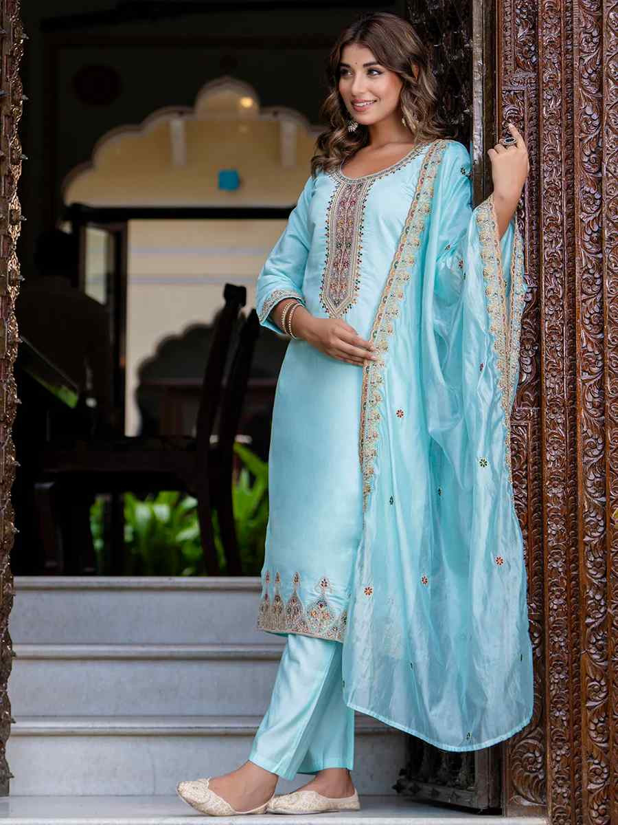 Sky Blue Silk Blend Embroidered Mehendi Wedding Ready Pant Salwar Kameez
