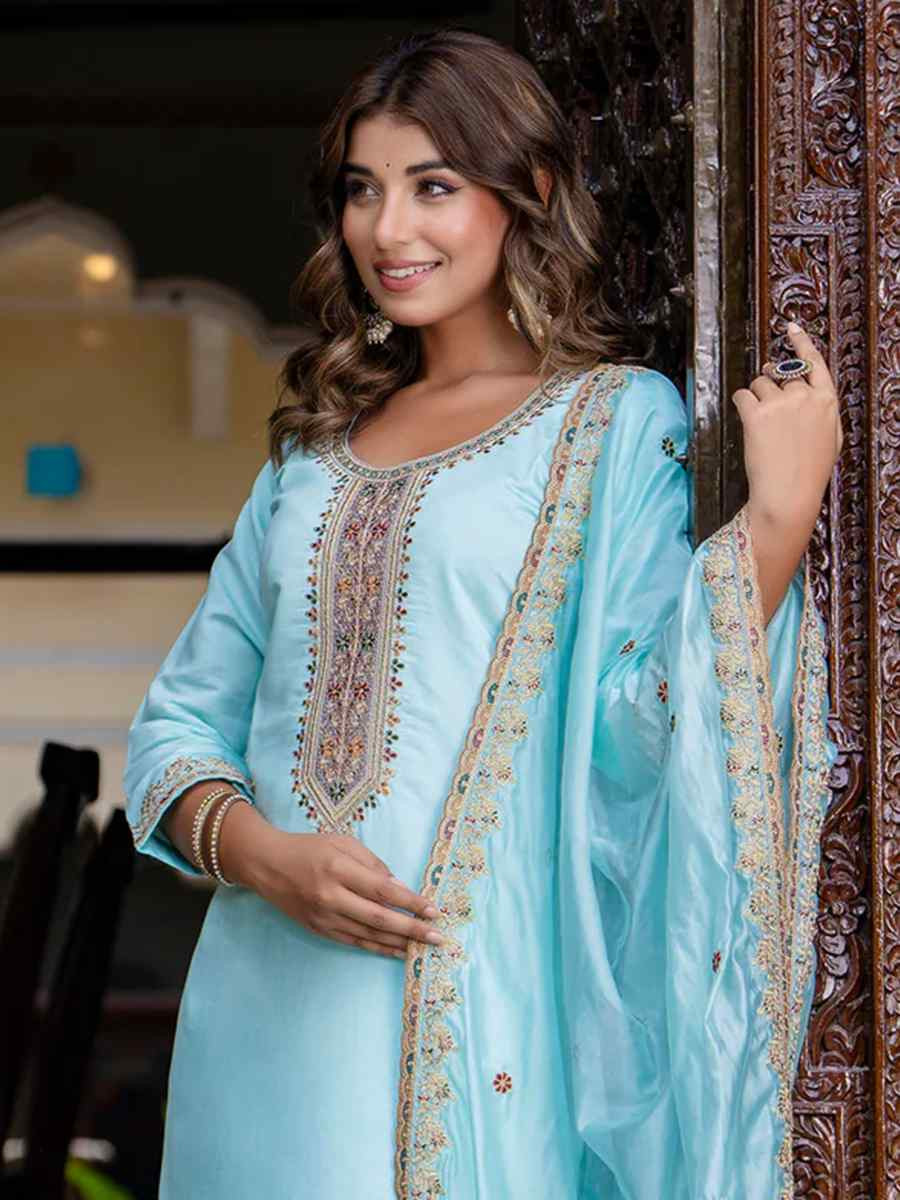 Sky Blue Silk Blend Embroidered Mehendi Wedding Ready Pant Salwar Kameez