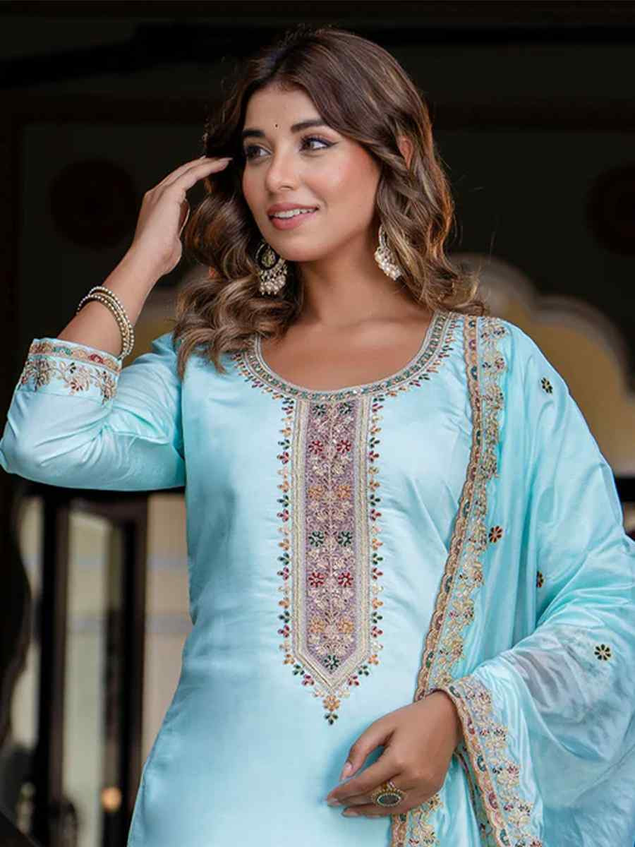Sky Blue Silk Blend Embroidered Mehendi Wedding Ready Pant Salwar Kameez