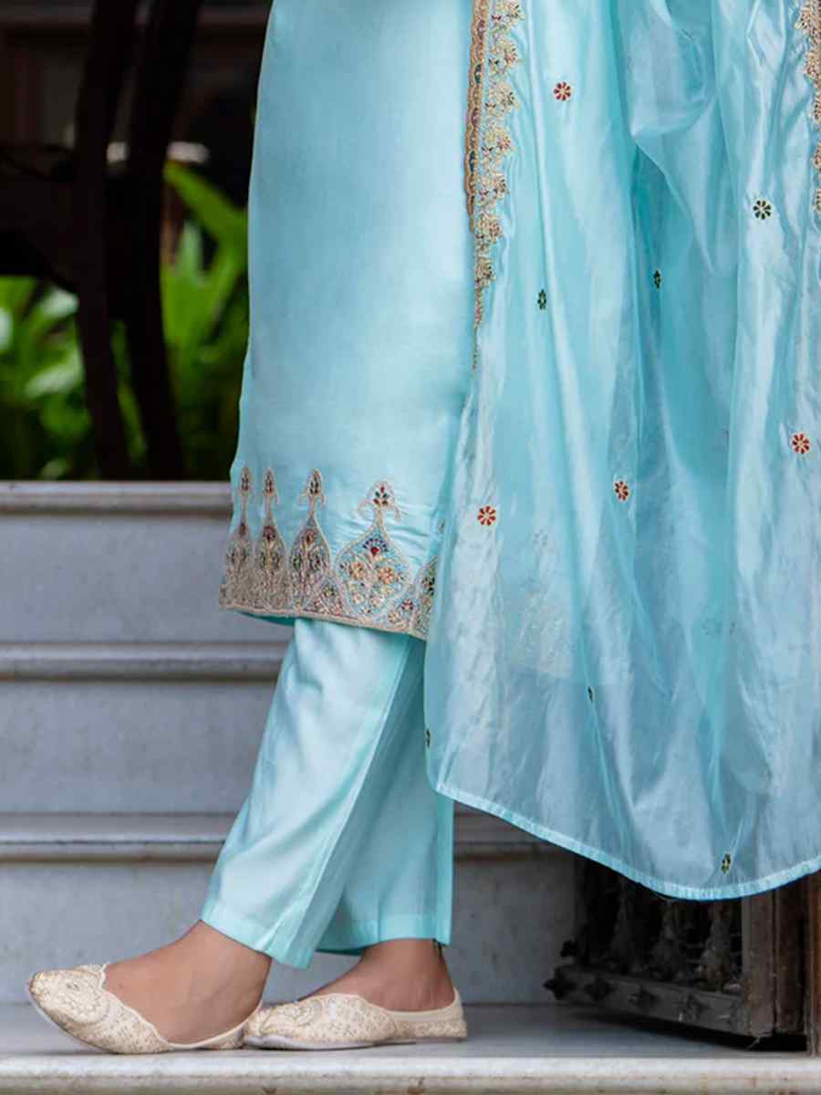 Sky Blue Silk Blend Embroidered Mehendi Wedding Ready Pant Salwar Kameez