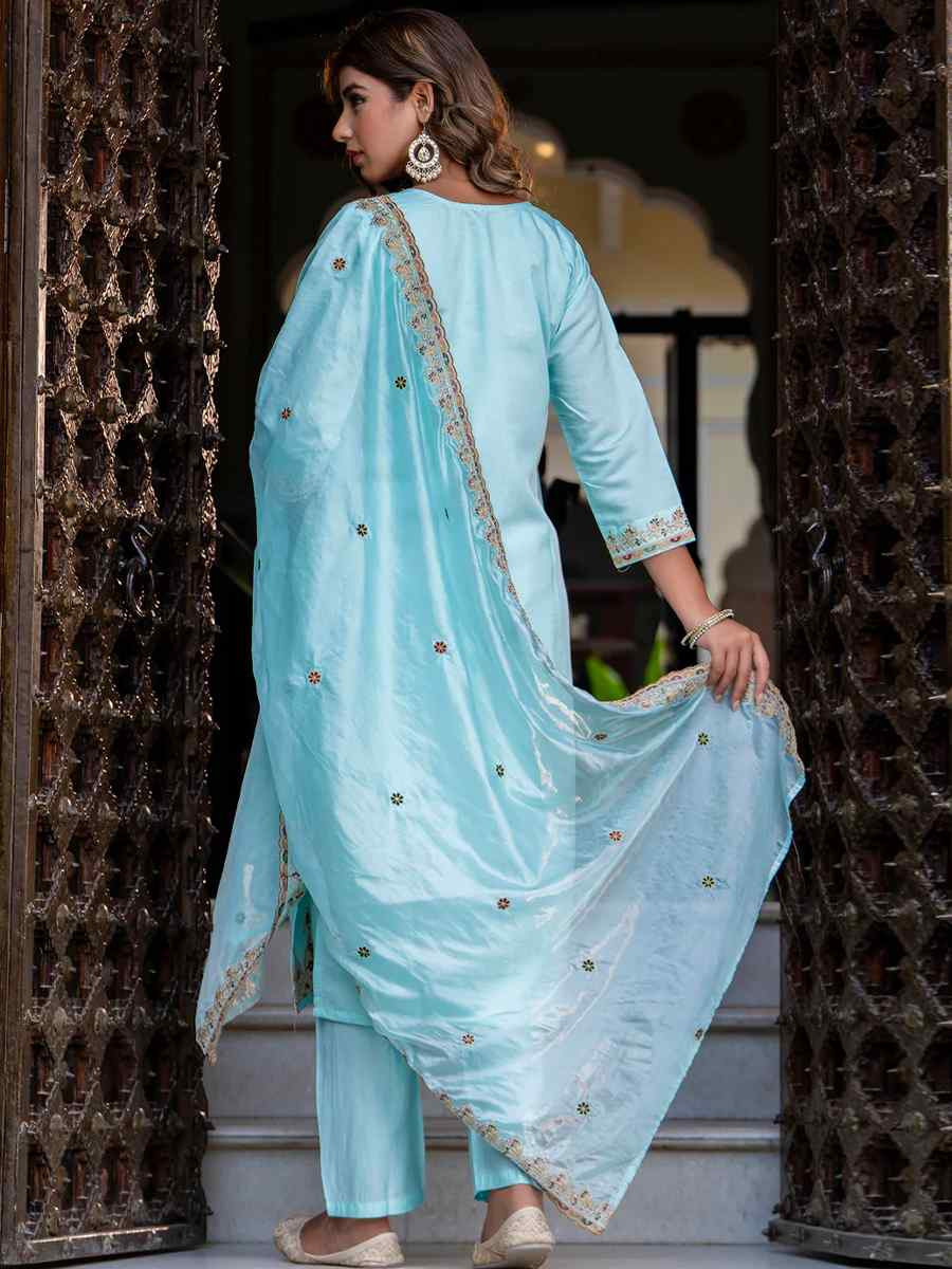 Sky Blue Silk Blend Embroidered Mehendi Wedding Ready Pant Salwar Kameez