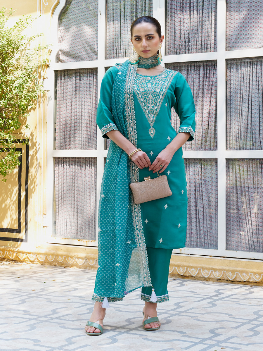 Sky Blue Silk Blend Embroidery Sequins Wedding Party Festival Casual Ready Pant Salwar Kameez