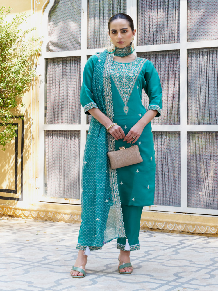 Image of Sky Blue Silk Blend Embroidery Sequins Wedding Party Festival Casual Ready Pant Salwar Kameez