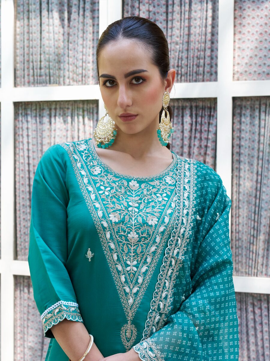 Sky Blue Silk Blend Embroidery Sequins Wedding Party Festival Casual Ready Pant Salwar Kameez