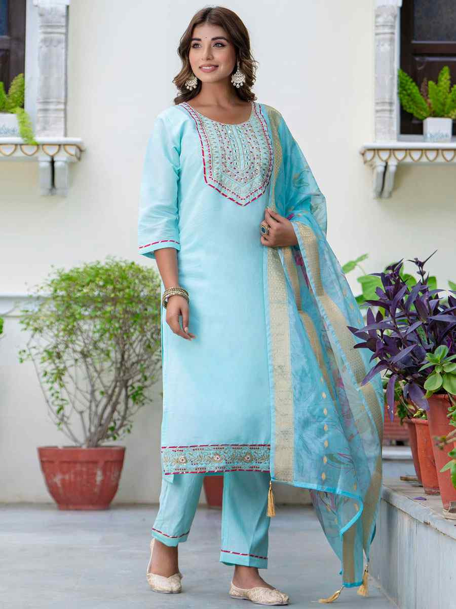 Sky Blue Silk Blend Handwoven Party Wedding Festival Casual Ready Pant Salwar Kameez