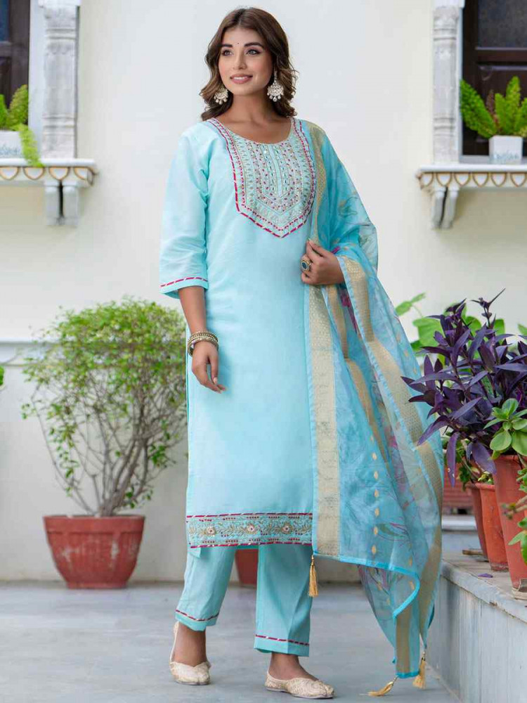 Image of Sky Blue Silk Blend Handwoven Party Wedding Festival Casual Ready Pant Salwar Kameez