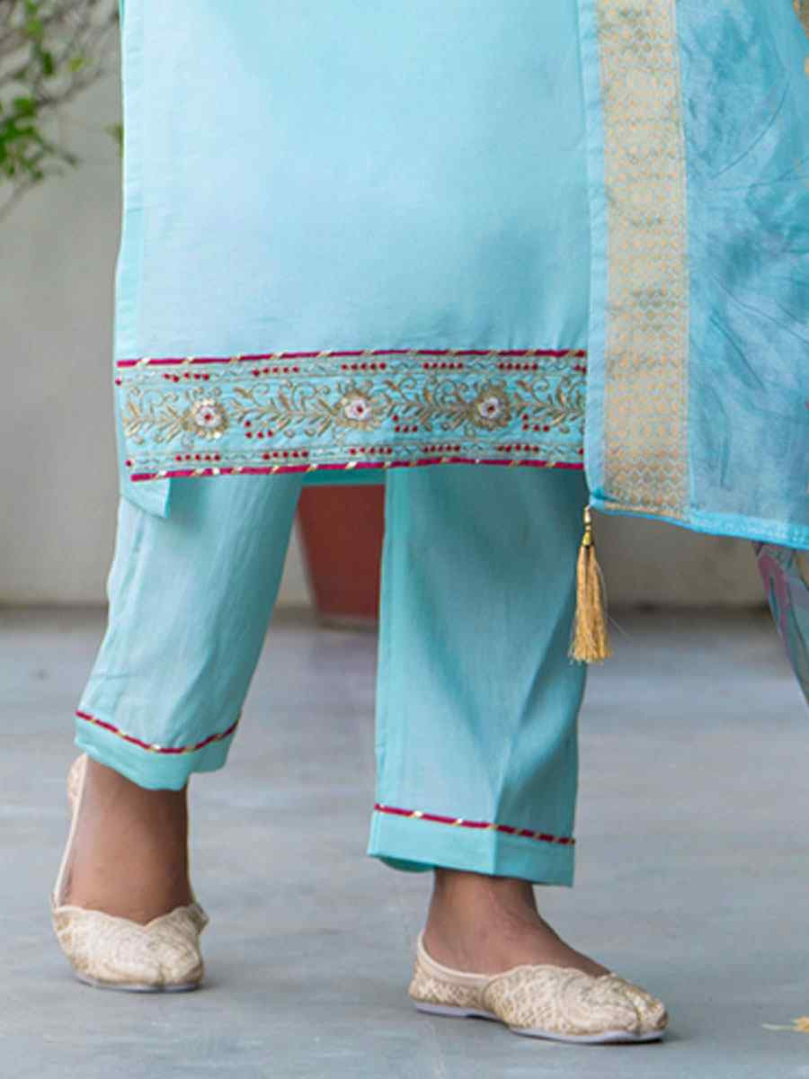 Sky Blue Silk Blend Handwoven Party Wedding Festival Casual Ready Pant Salwar Kameez