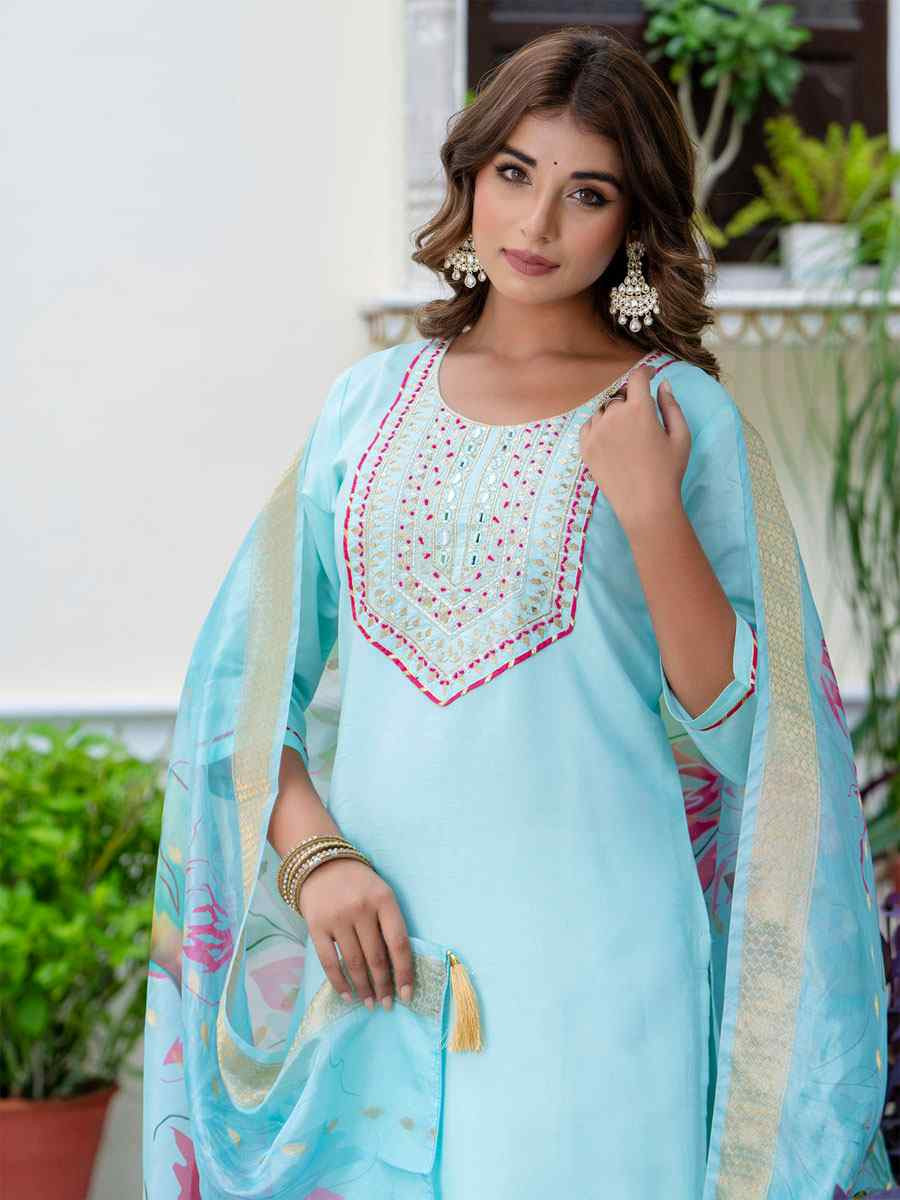Sky Blue Silk Blend Handwoven Party Wedding Festival Casual Ready Pant Salwar Kameez