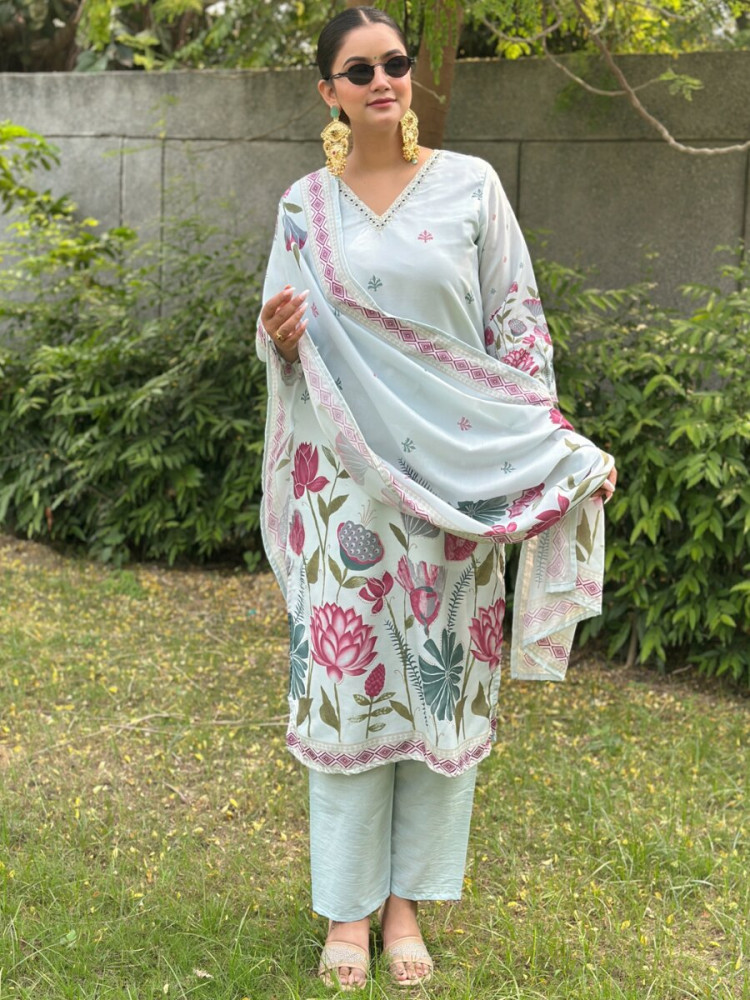 Image of Sky Blue Silk Blend Printed Wedding Party Festival Casual Ready Pant Salwar Kameez