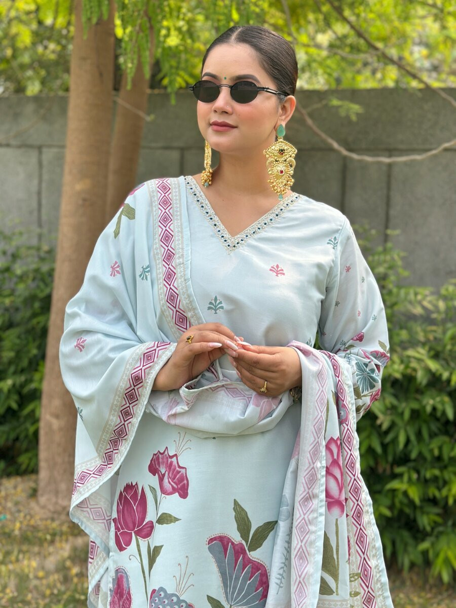 Sky Blue Silk Blend Printed Wedding Party Festival Casual Ready Pant Salwar Kameez