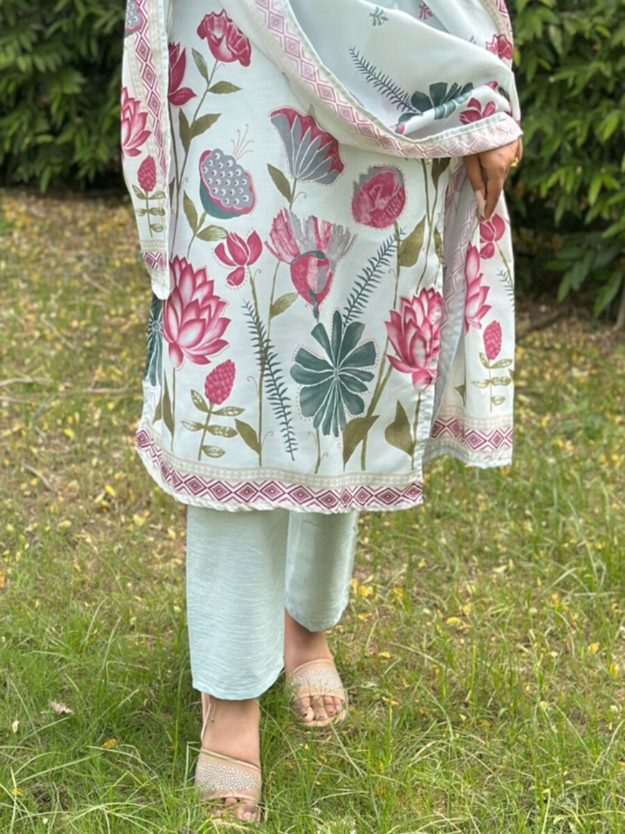 Sky Blue Silk Blend Printed Wedding Party Festival Casual Ready Pant Salwar Kameez