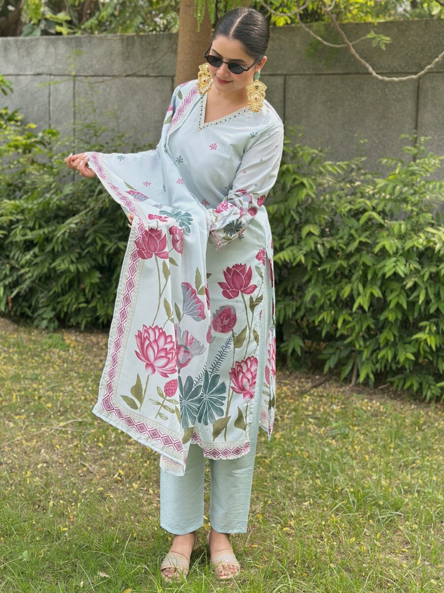 Sky Blue Silk Blend Printed Wedding Party Festival Casual Ready Pant Salwar Kameez