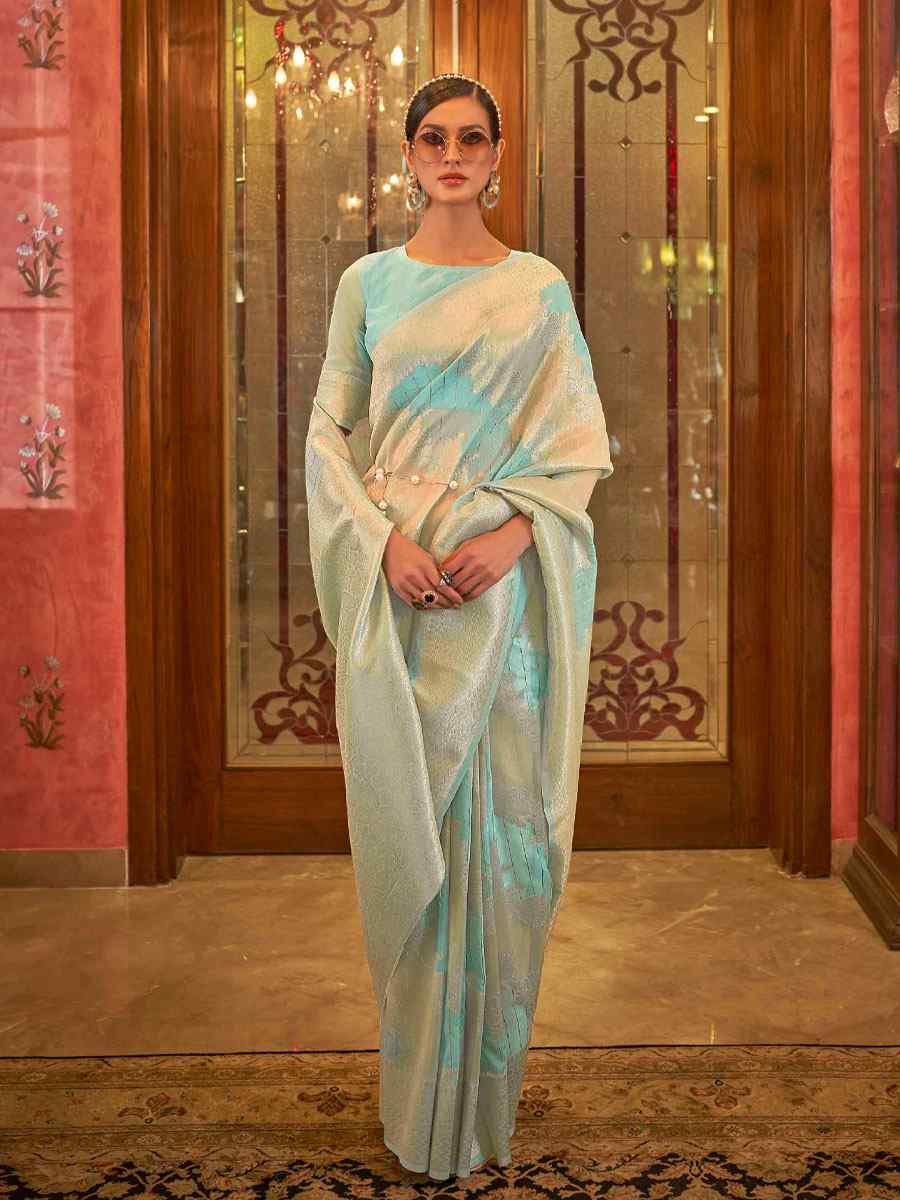 Sky Blue Silk Brocade Wedding Party Contemporary Saree