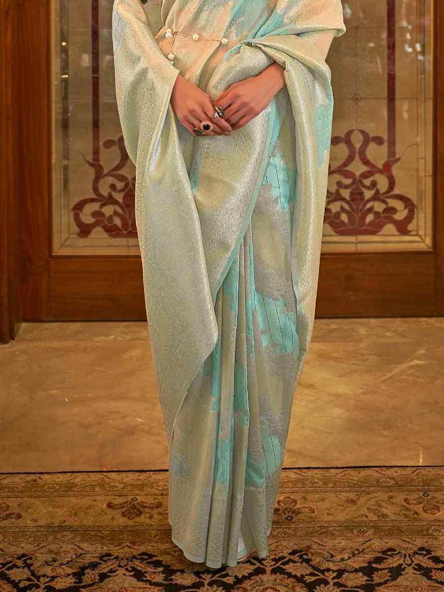 Sky Blue Silk Brocade Wedding Party Contemporary Saree