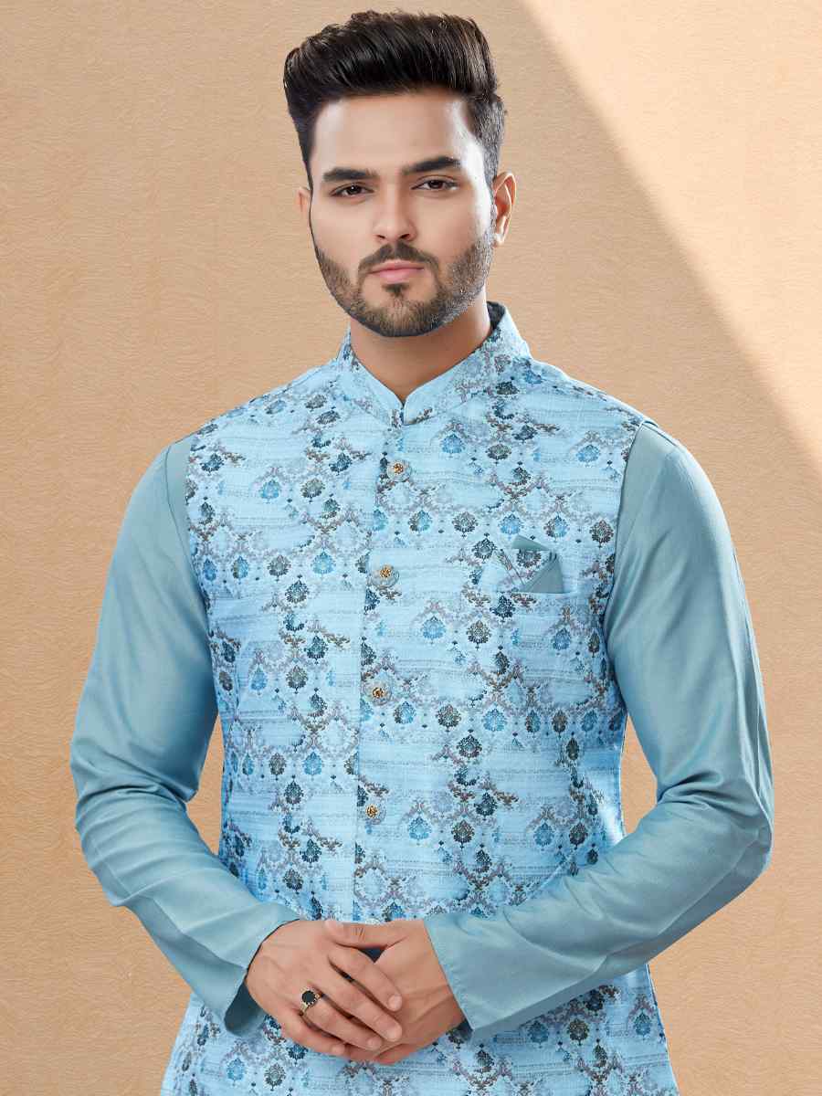 Sky Blue Silk Dupion Printed Festival Party Kurta