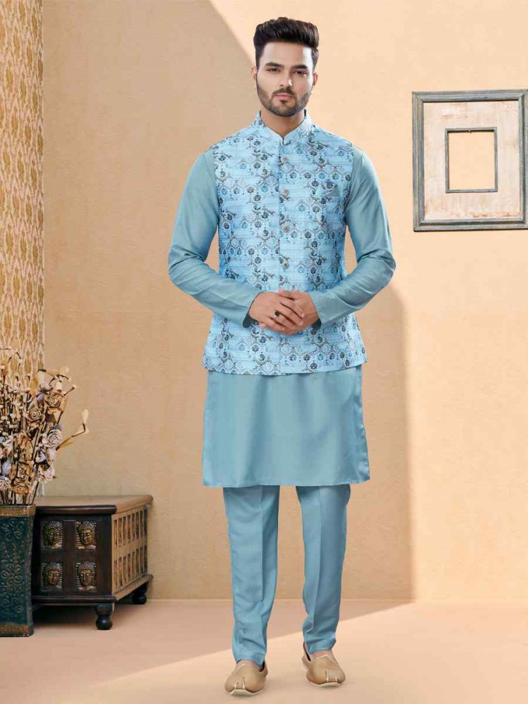 Sky Blue Silk Dupion Printed Festival Party Kurta