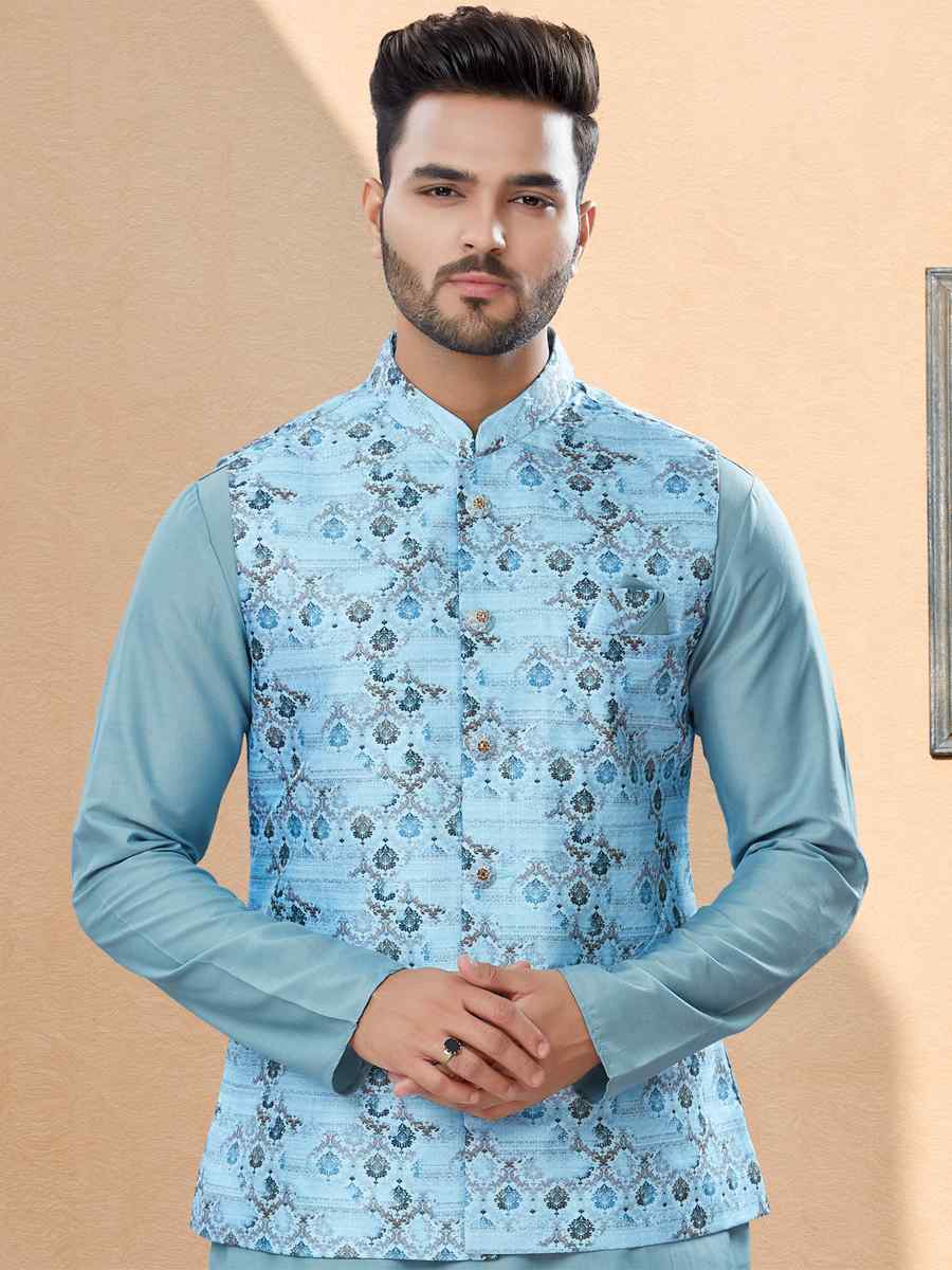 Sky Blue Silk Dupion Woven Festival Party Kurta