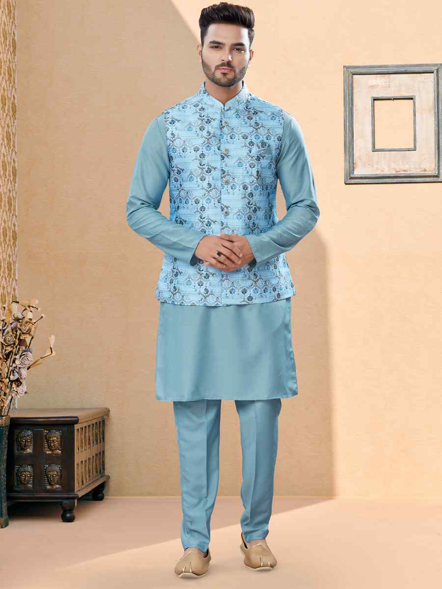 Sky Blue Silk Dupion Woven Festival Party Kurta