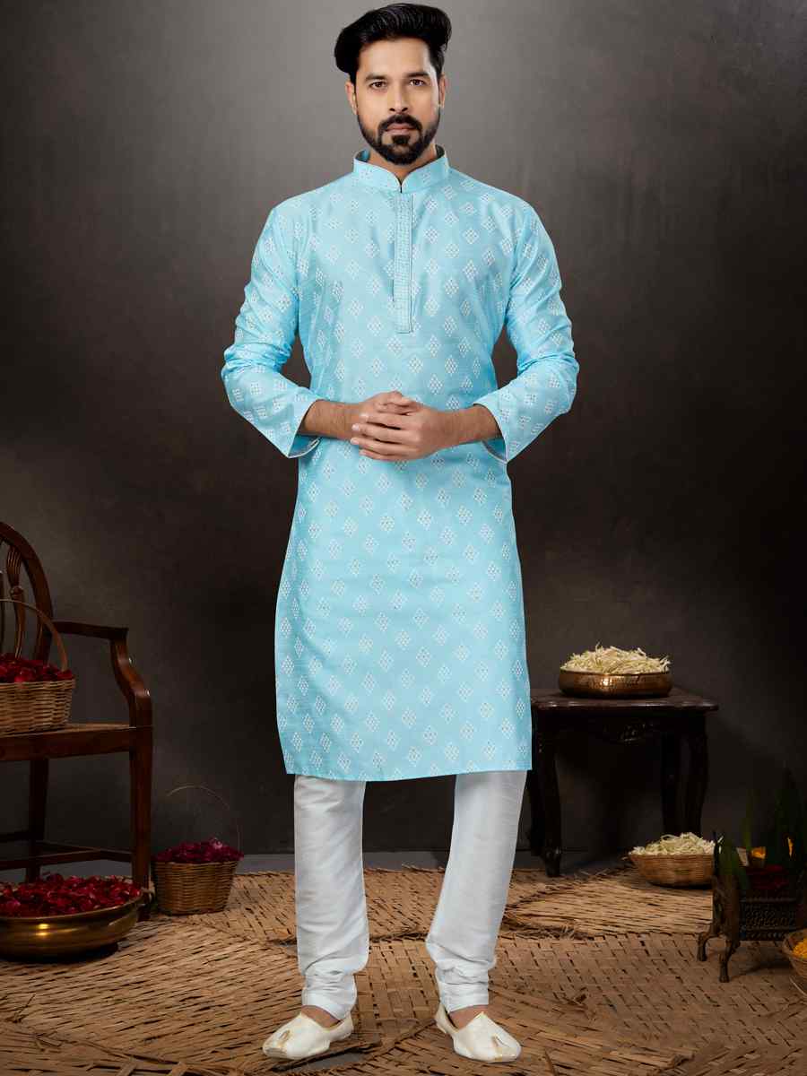Sky Blue Silk Dupion Woven Festival Wedding Kurta