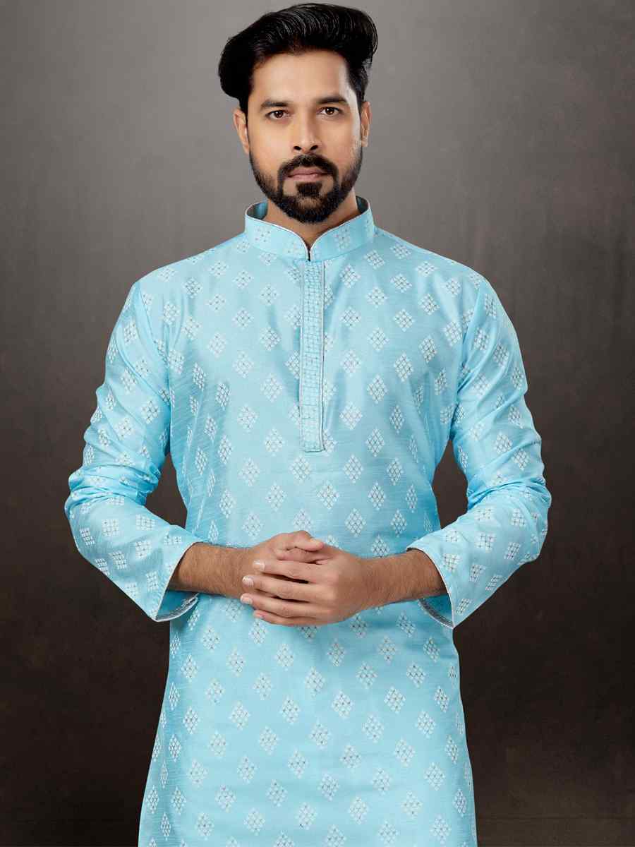 Sky Blue Silk Dupion Woven Festival Wedding Kurta