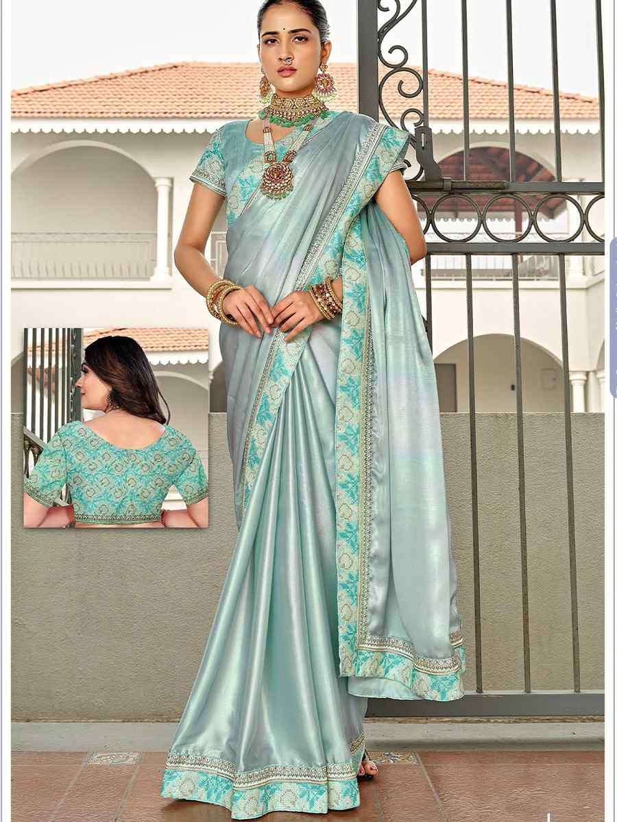 Sky Blue Silk Embroidered Festival Wedding Fancy Heavy Border Saree