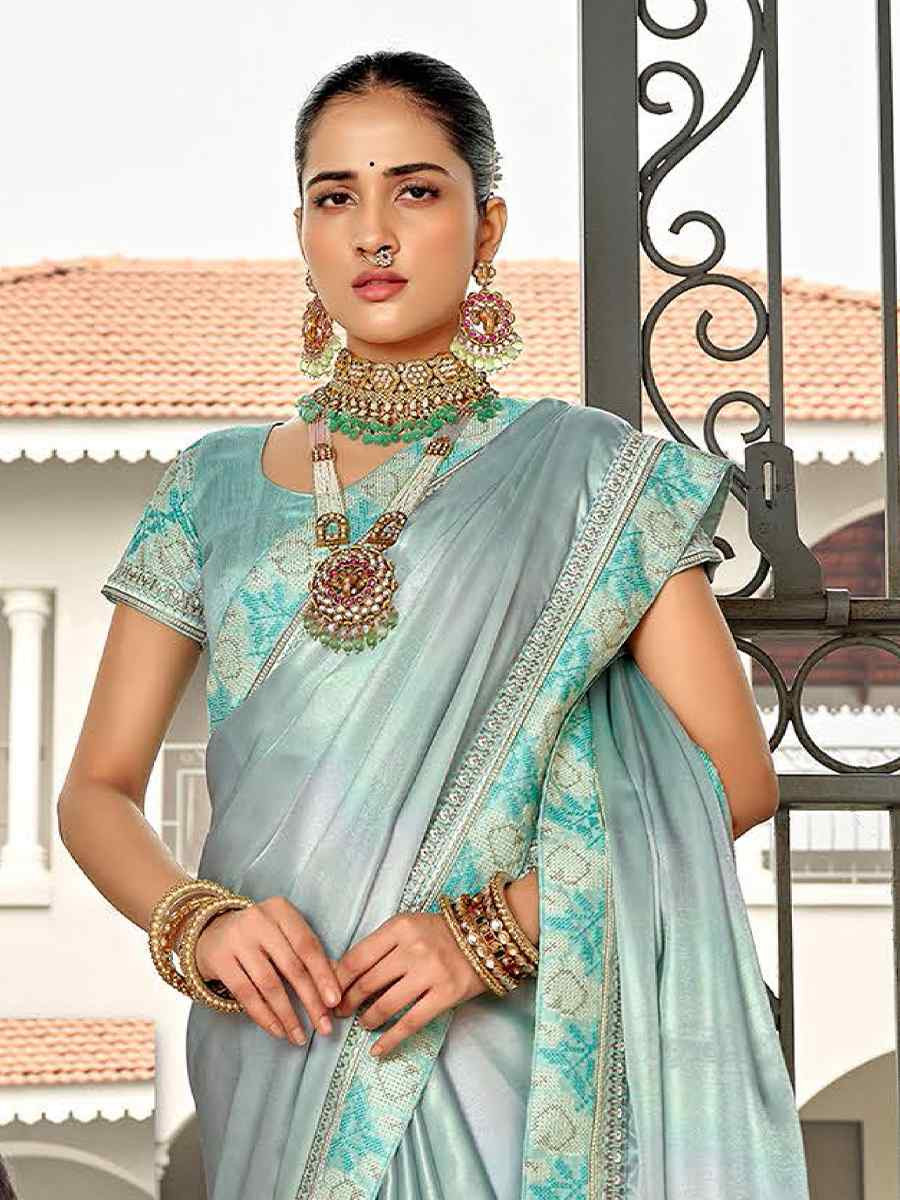 Sky Blue Silk Embroidered Festival Wedding Fancy Heavy Border Saree