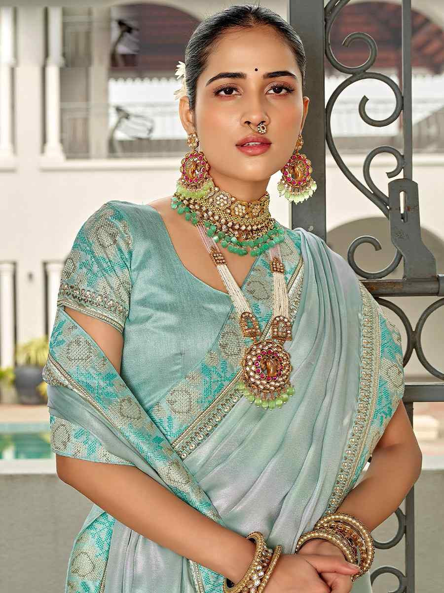 Sky Blue Silk Embroidered Festival Wedding Fancy Heavy Border Saree