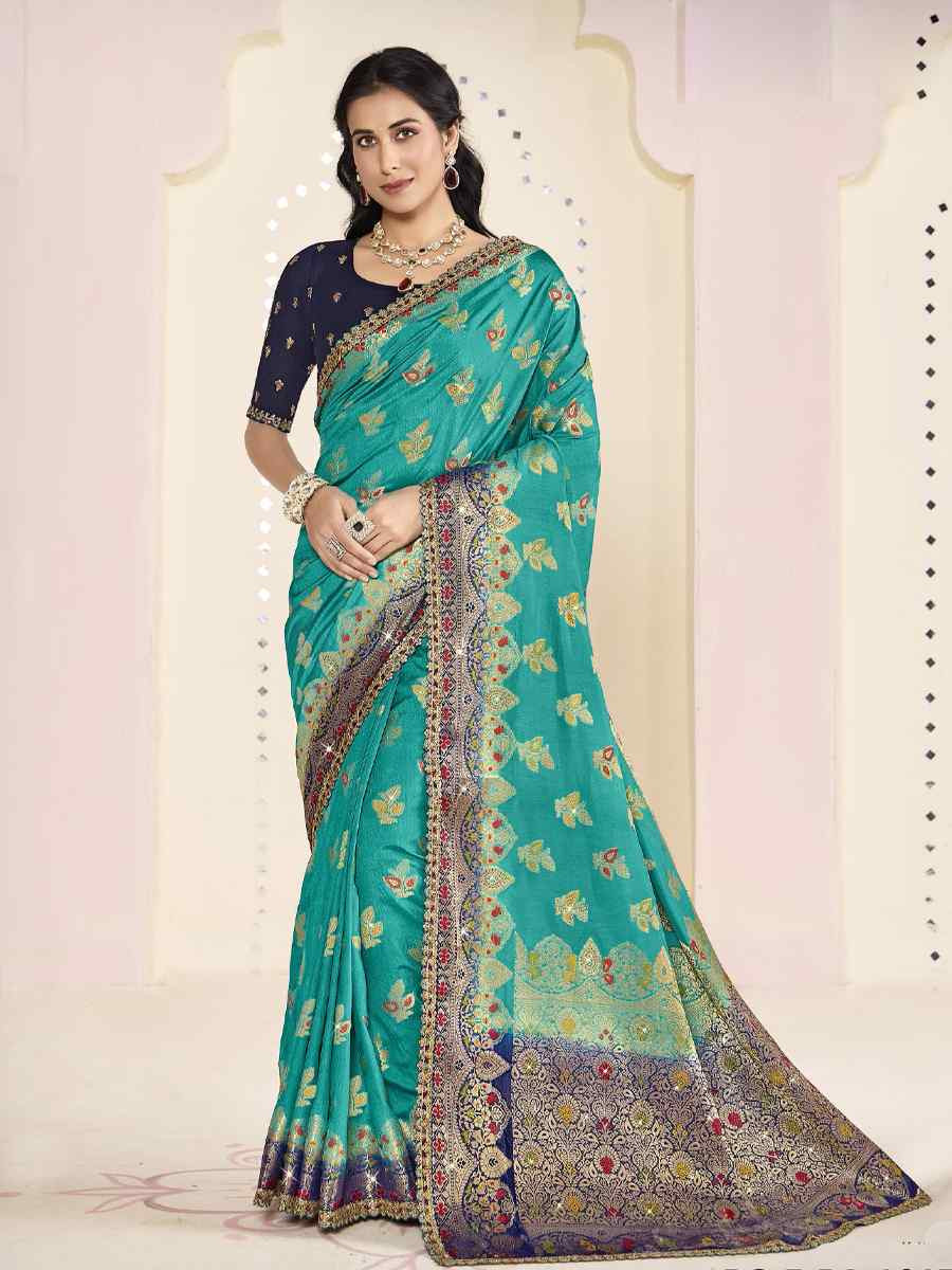 Sky Blue Silk Embroidered Festival Wedding Fancy Heavy Border Saree